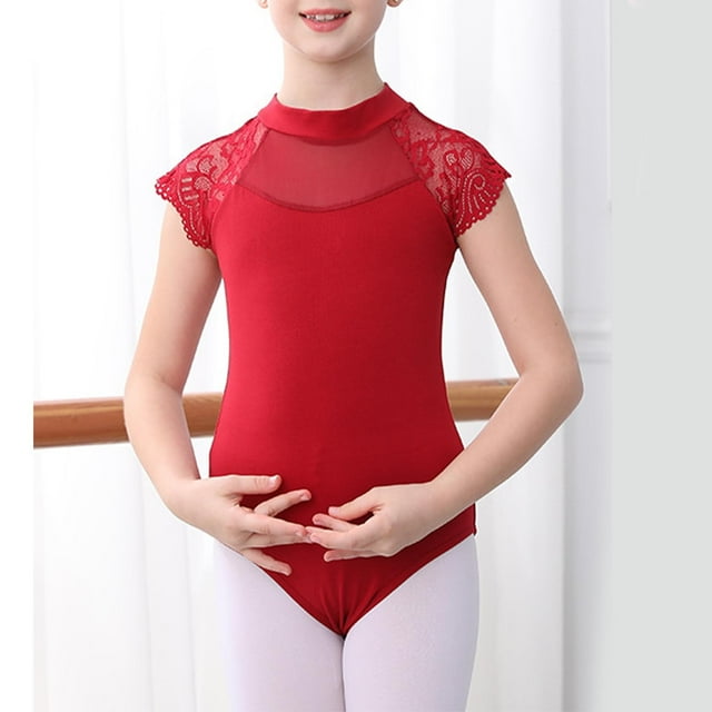 Children's Solid Color Short Sleeved Round Neck Dance Suit Mesh Practice Suit Girls' Jumpsuit