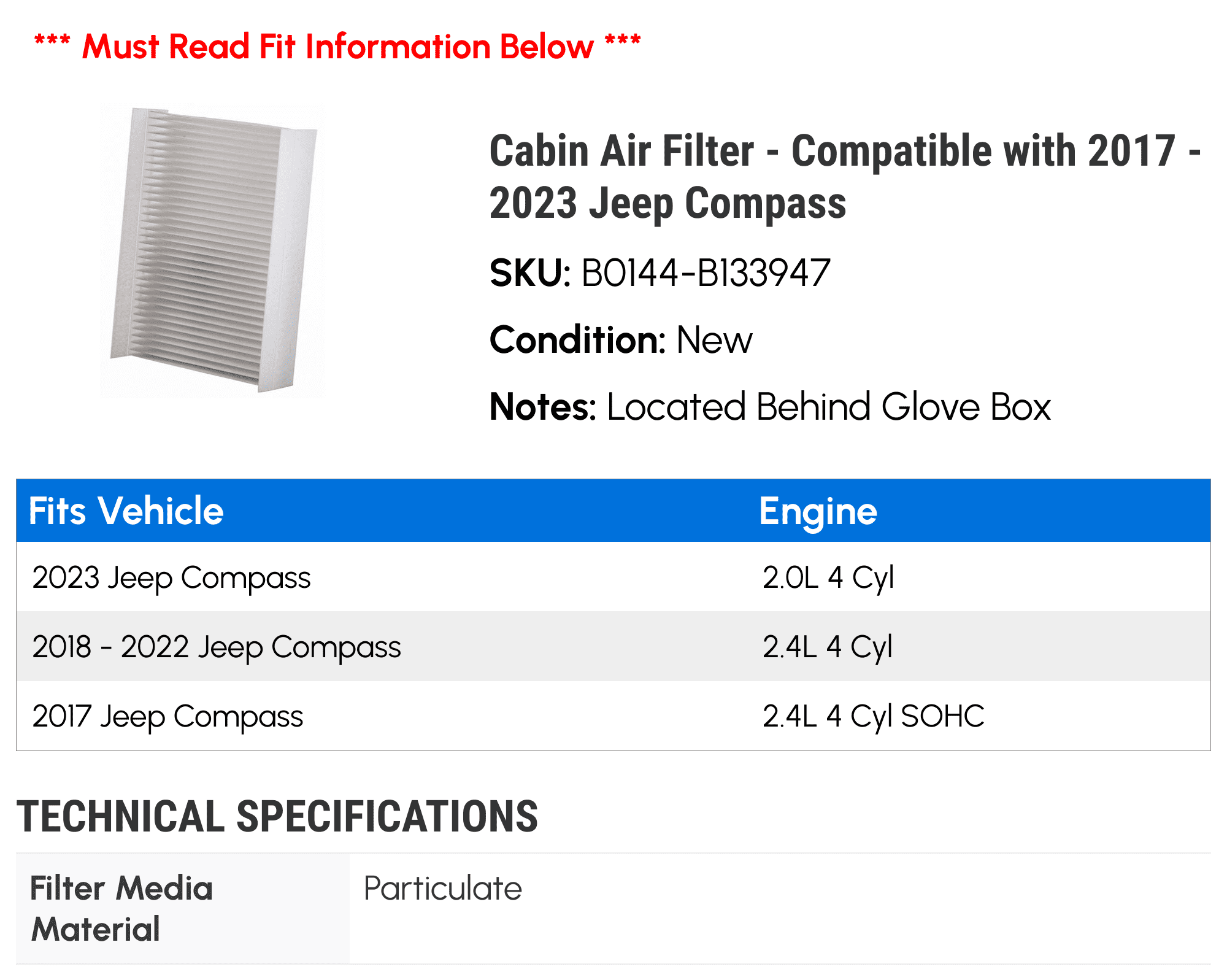 Cabin Air Filter - Compatible with 2017 - 2023 Jeep Compass 2018 2019 2020 2021 2022
