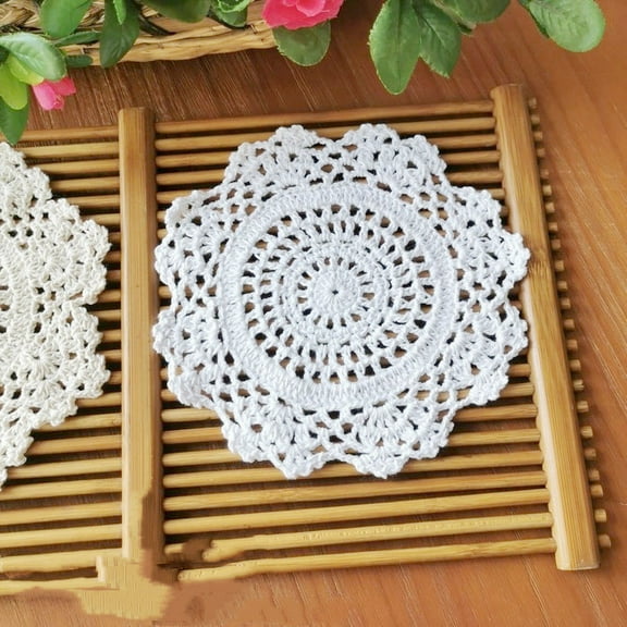 Crochet Doilies Handmade Round Cotton Lace Table Placemats Knitted Tablecloth, Pack of 4