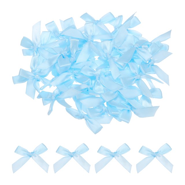 Unique Bargains 50Pcs Mini Ribbon Bow 1.8 inch Mini Fabric Satin Ribbon Flower Bows Light Blue