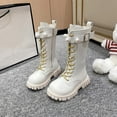 thumbnail image 5 of Girls Boots,Winter Autumn Girls Fashion Boots With Pearl Buckle and Golden Laces High Top Footwear Youth Teen,Toddler Boots,White,8-9 Years, 5 of 7