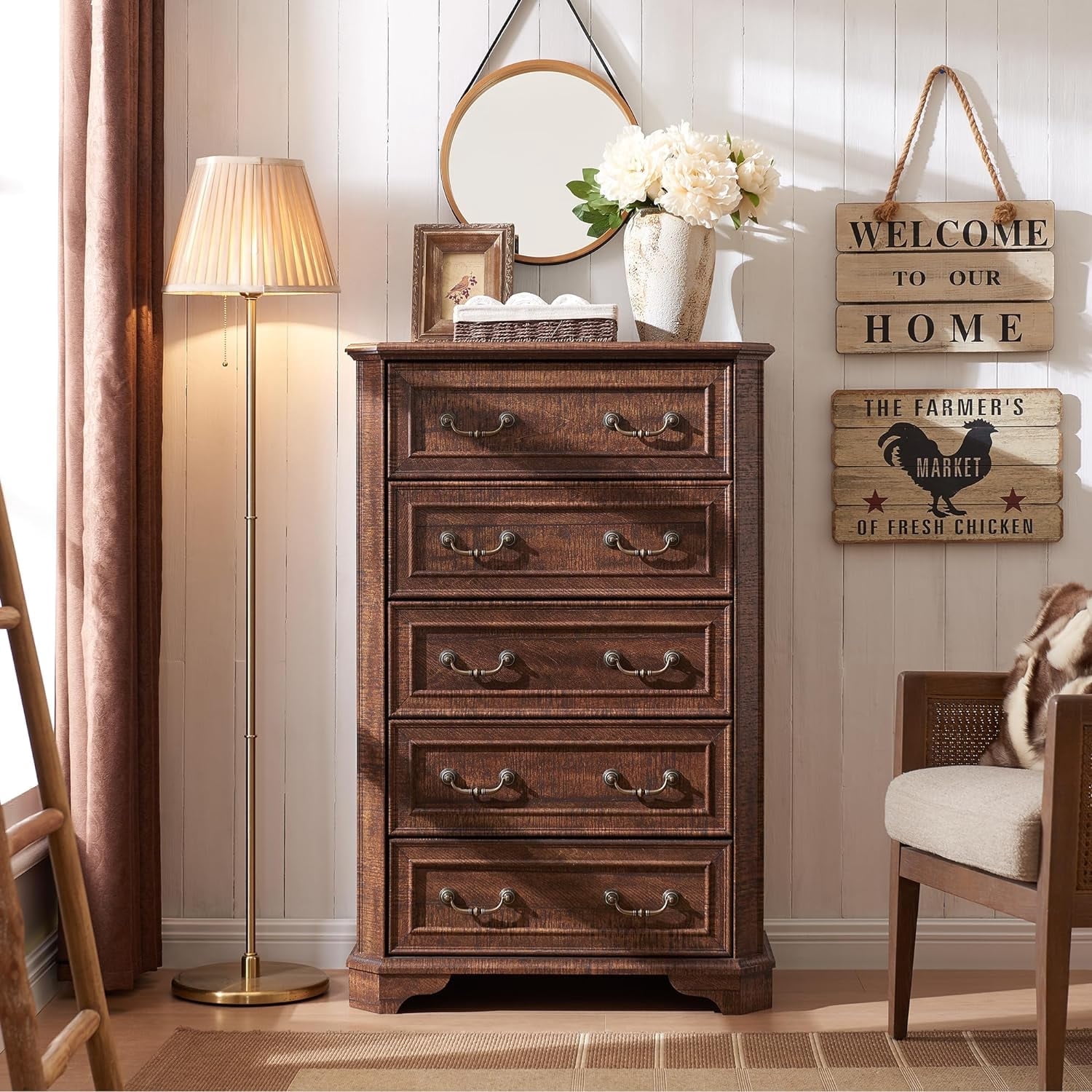 OKD Farmhouse 5-Drawer Dresser with Vintage Wood Thick Plank, Tall Storage Chest with Anti-Tip Device for Bedroom, Living Room, Reclaimed Barnwood