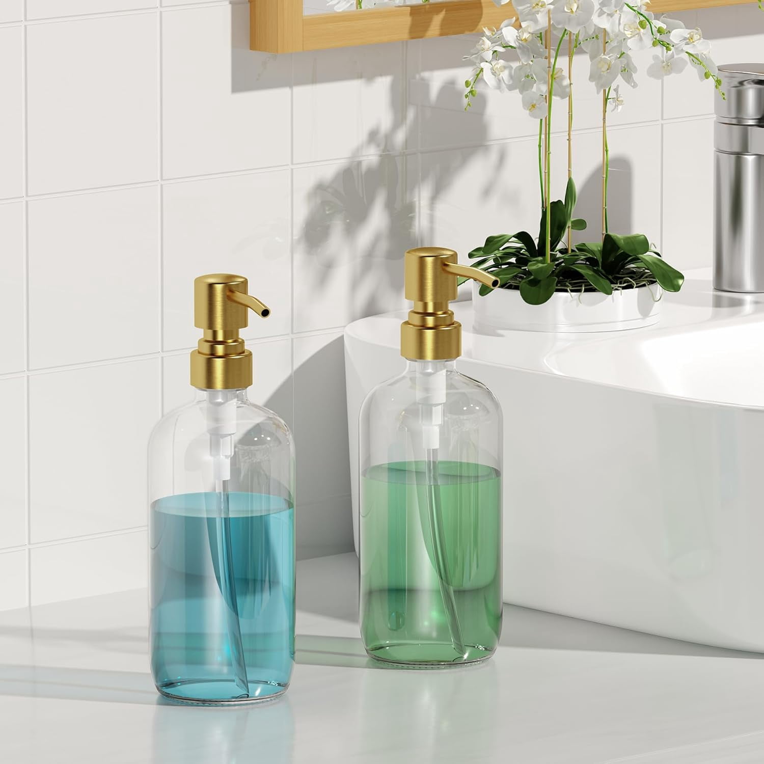 Soap Dispenser, 2 Pack Glass Soap Dispenser with Pump Stainless Steel, 17OZ Clear Gold Hand Soap Dispensers for Bathroom and Kitchen