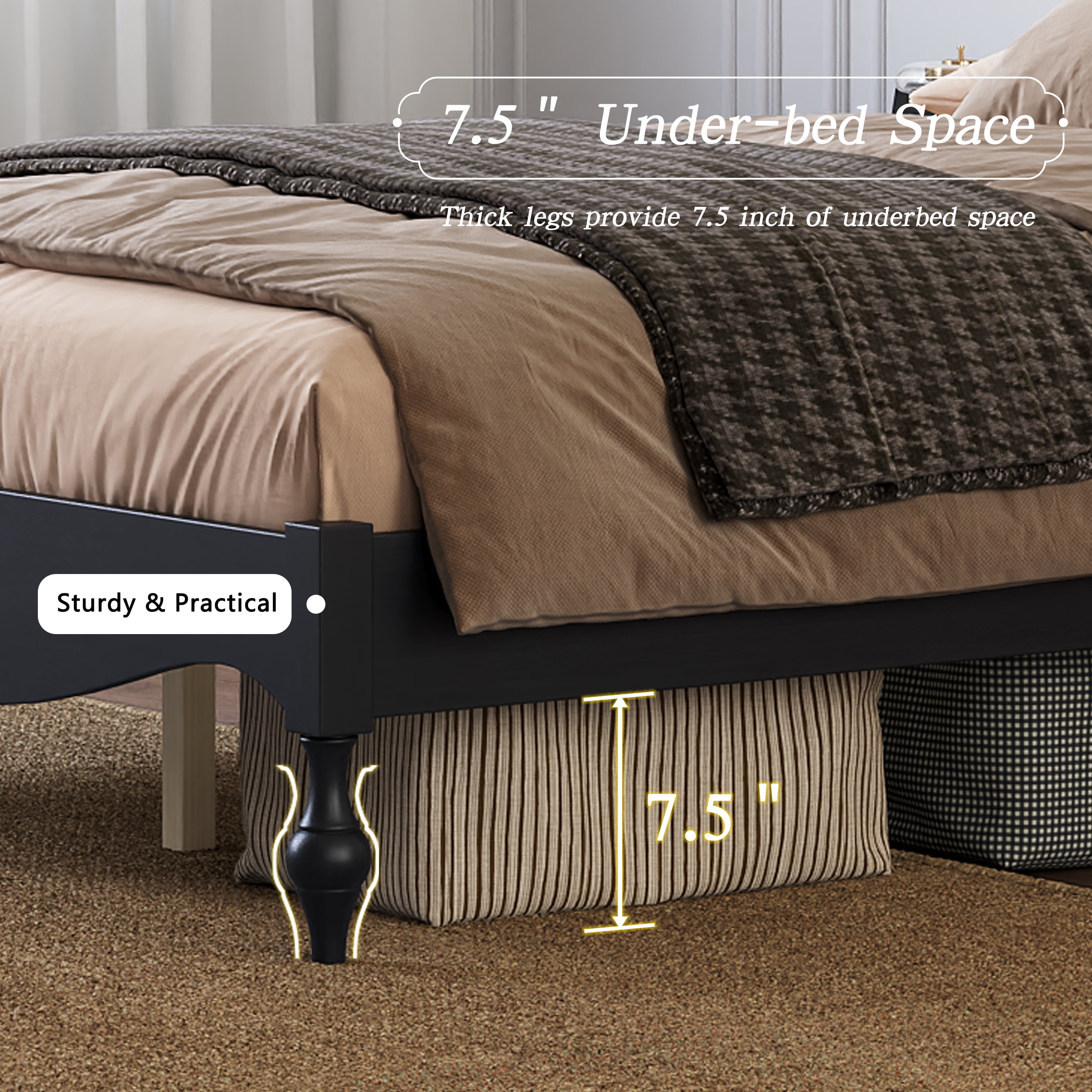 Mintazer Vintage Curved Full Platform Bed with Traditional Arched Headboard & Turned Legs for Bedroom, No Box Spring Needed, Easy Assembly, Black