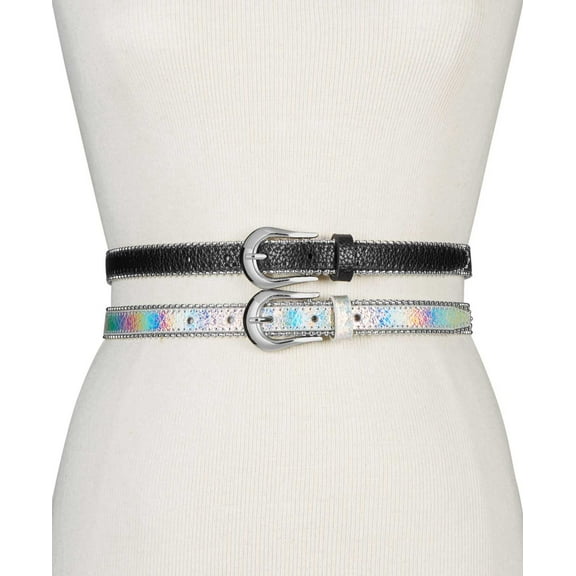 Steve Madden Metallic 2-for-1 Skinny Belts (Silver/Black, S/M)