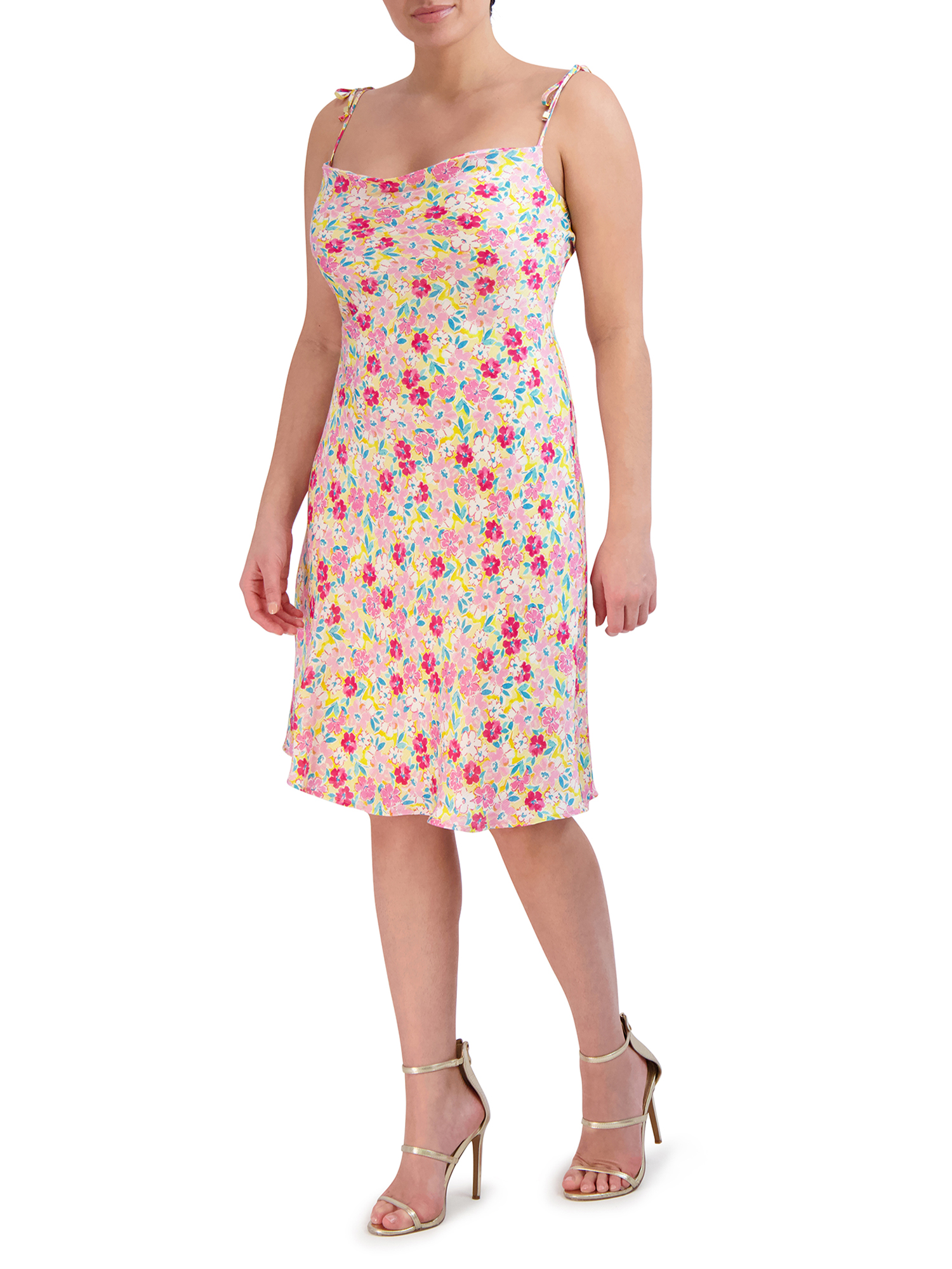 BCBG Paris Women's Satin Floral Print Cowl Neck Midi Slip