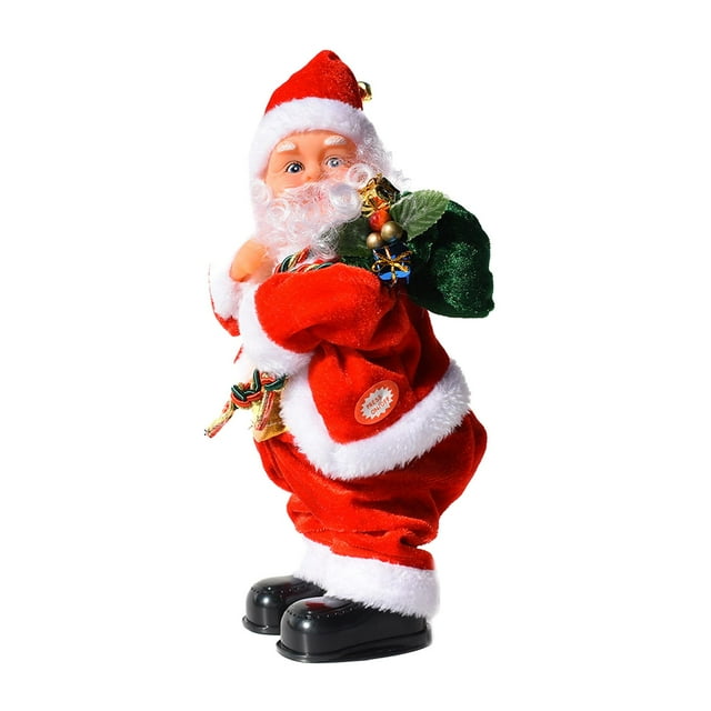 juguete eléctrico del ornamento de muñeca del baile paquete de regalo: muñeco musical de Santa Claus en franela roja con borde blanco, vista 3/4 de pie sobre bases negras con cabeza y cadera en movimiento, accesorios verdes y dorados en la espalda, aprox. 12×11×30 cm, funciona con 3 pilas AA (no incluidas); también apto como adorno navideño para repisa o árbol.