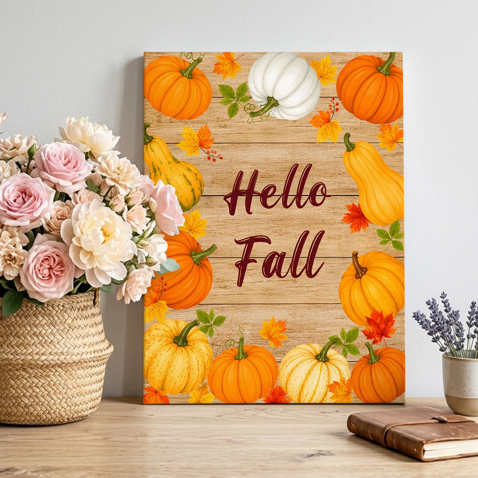 Canvas Wall Art Hello Fall Framed Canvas Prints for Living Room Bedroom Orange Pumpkins Thanksgiving Wood Grain Large Gallery Wrapped Wall Decor for Home Office Gifts 16 x20 Ship Next Day