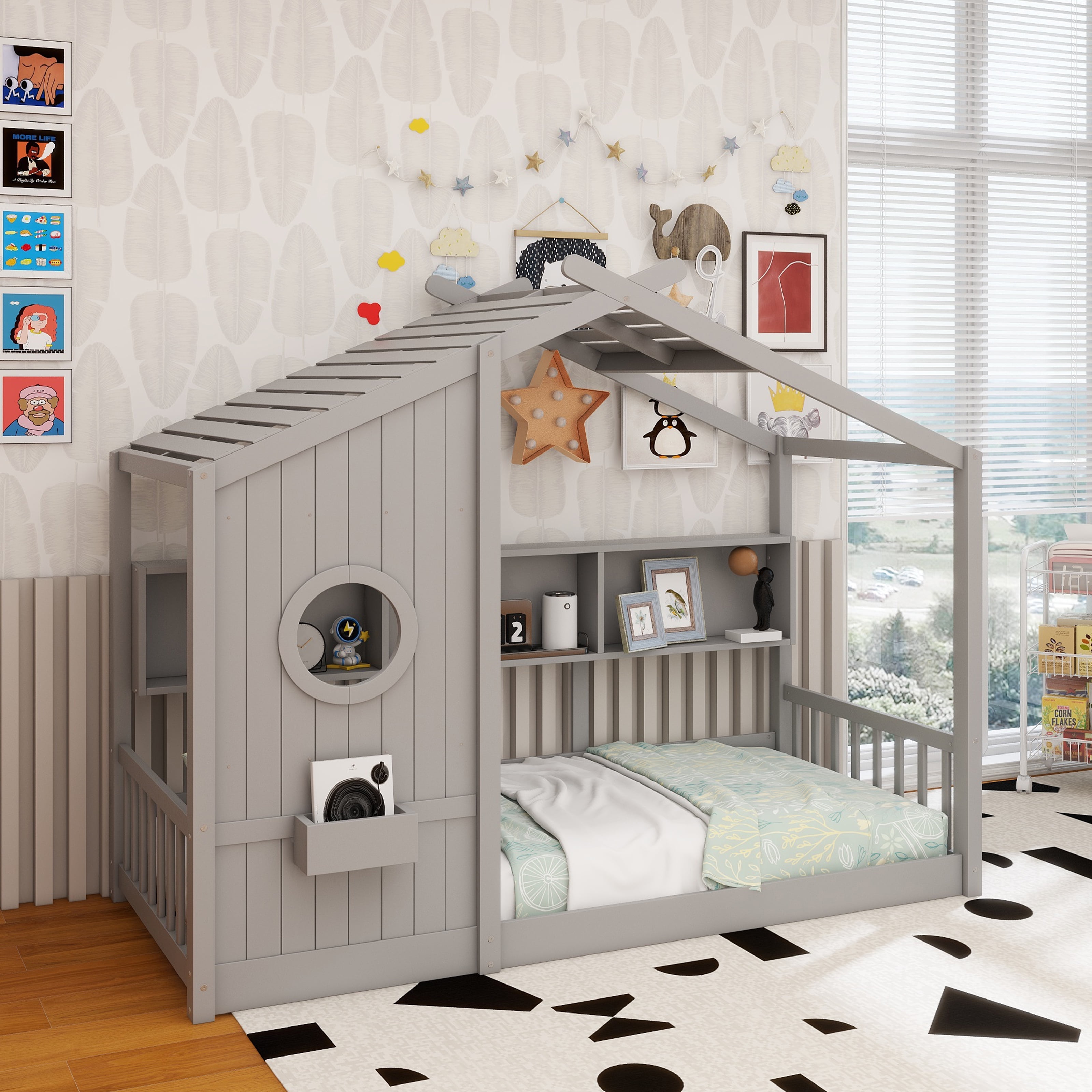 Twin Size Floor House Bed for Toddler, Kids Montessori Bed with Storage Shelf, Playhouse Bed with Roof Design, Gray