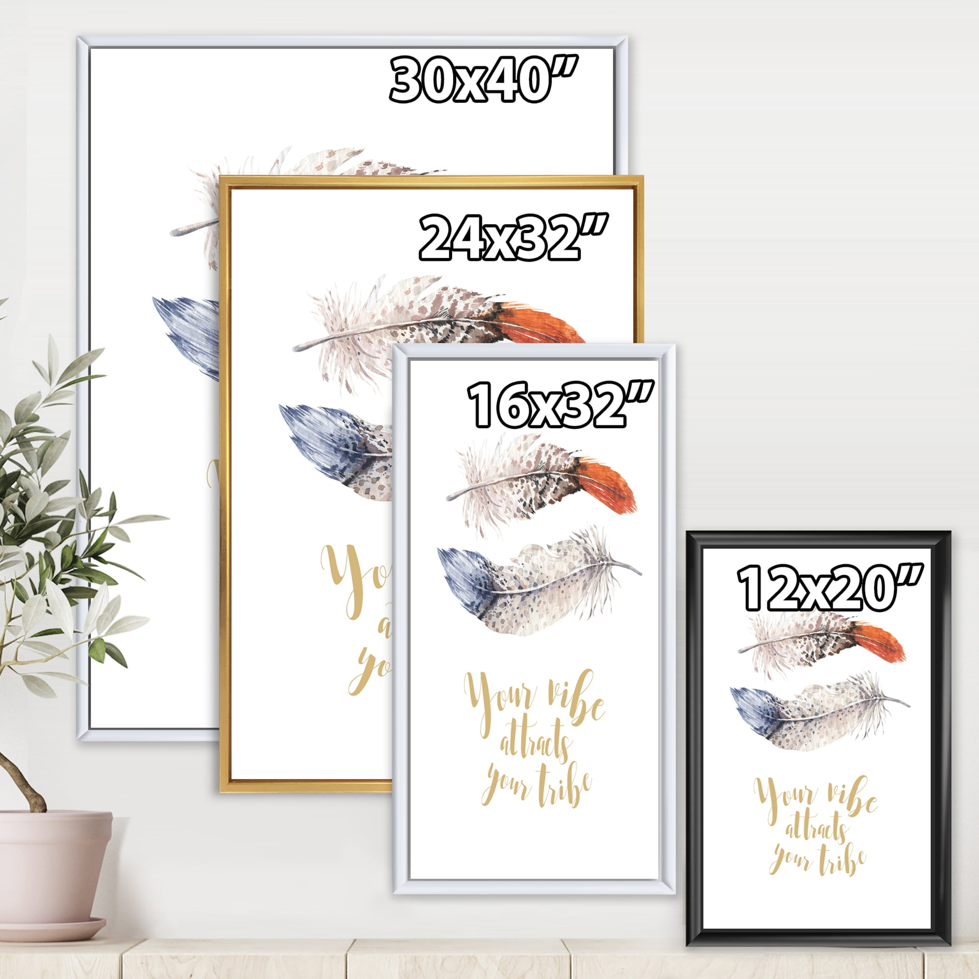 Your VIbe Attracts Your Tribe Two Feathers 24 in x 32 in Framed Painting Canvas Art Print, by Designart