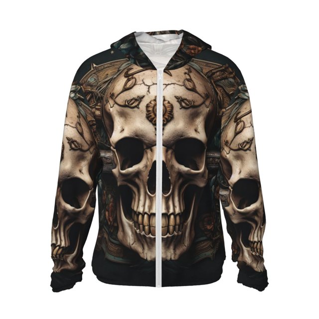 Balery Metal Style Horned Skull Sudadera ligera de manga larga con capucha y protección solar UPF 50+ para hombre y mujer, ideal para pesca y running-X-Large