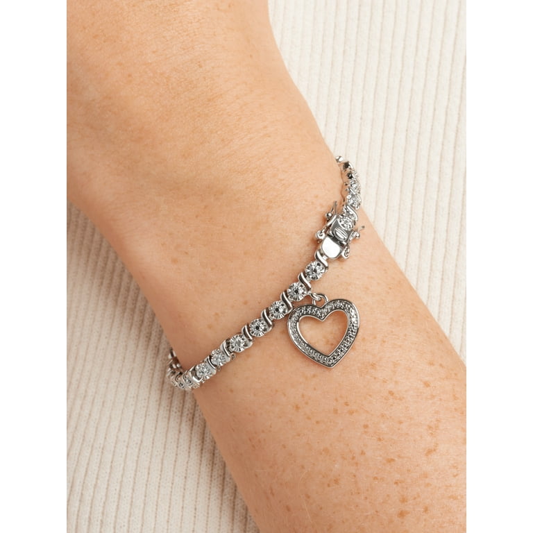 Forever Facets Diamond Accent Open Heart Charm Rhodium Plated 7.25
