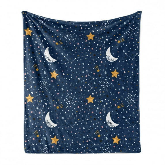 Night Sky Soft Flannel Fleece Throw Blanket, Doodle Style Sky Moons Stars and Colorful Blots, Cozy Plush for Indoor and Outdoor Use, 50" x 70", Night Blue Marigold, by Ambesonne