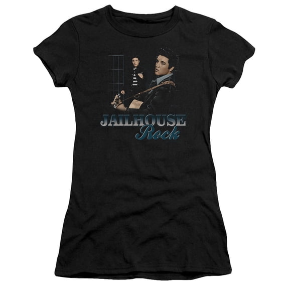 Trevco ELV697-JS-1 Elvis Presley & Jailhouse Rock Juniors Sheer Cap Short Sleeve T-Shirt, Black - Small