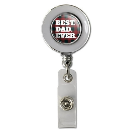 Best Dad Ever Red Black Plaid Retractable Reel Chrome Badge ID Card Holder