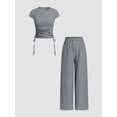 thumbnail image 5 of Women 2 Piece Sets Summer Striped Outfits Matching Short Sleeves Top Wide Leg Lounge Pants Travel Navy Blue M, 5 of 9