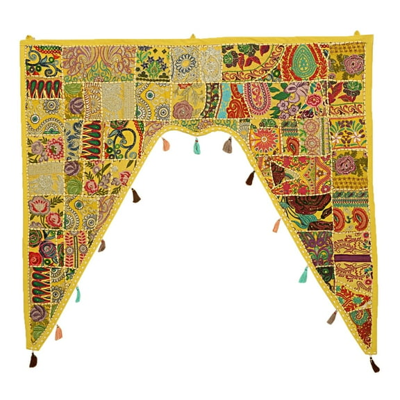 Stylo Culture Indian Cotton Valances For Swag Curtain Large Doors Yellow Vintage Embroidered Patchwork Floral Scarf Curtain Topper Home Decor Window Covering Hanging Toran Gate | 45 x 41 Inches