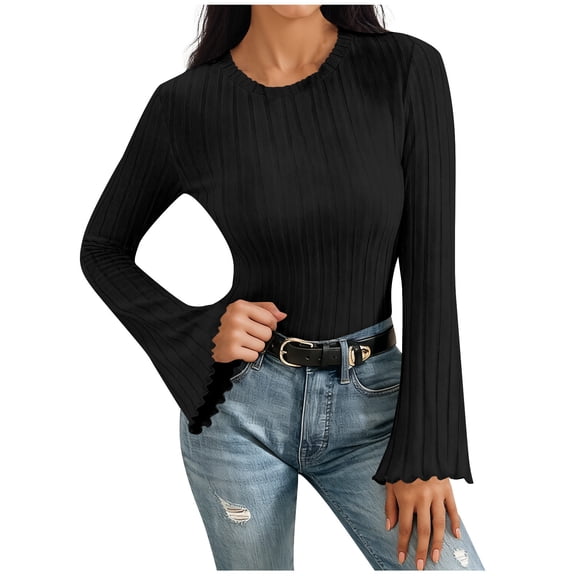 Generic Womens Bell Sleeve Knit Tops Lightweight Fall Trendy Crew Neck Ribbed Knit Top Solid Color Casual Slim Fit Tops