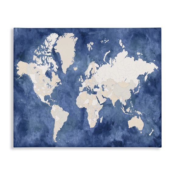 Stupell Industries Transitional Country Border World Map Deep Blue Ocean Canvas Art, 20 x 16, by BlursByAI