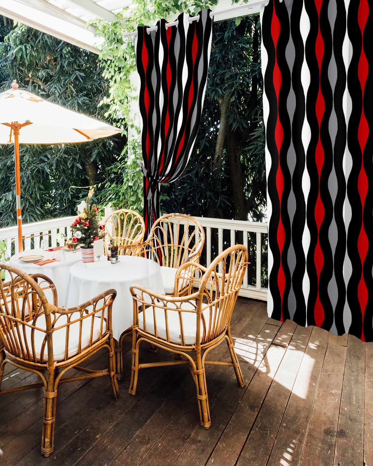 Outdoor Curtains for Patio Red Grey Black and White Geometric Striped Waterproof Privacy Outside Curtains with Tiebacks Grommet Top Pergola Curtains for Porch Cabana Gazebo 2 Panels, 54x108 inch
