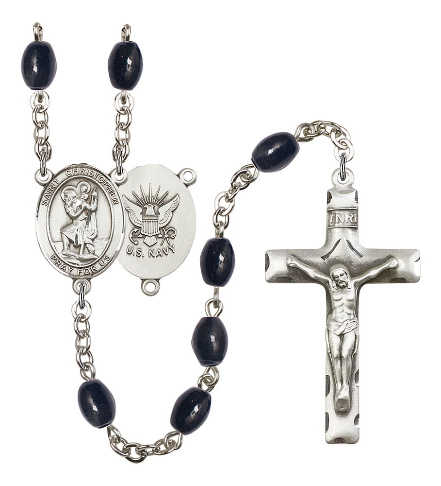 Silver Finish St and 1 3/4 x 1 inch Crucifix Gift Boxed Christopher-Football Rosary with 8x6mm Black Onyx Beads Christopher-Football Center St 