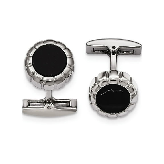Stainless Steel Polished Black IP Scalloped Round Cuff Links