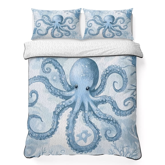 Twin Quilt Set 68''x86'', Blue Octopus Lightweight Summer Bedspread Coverlet Set with 2 Pillow Shams, Summer Watercolor Ocean Coral Breathable All Season Quilt Bedding for Dorm/Bedroom