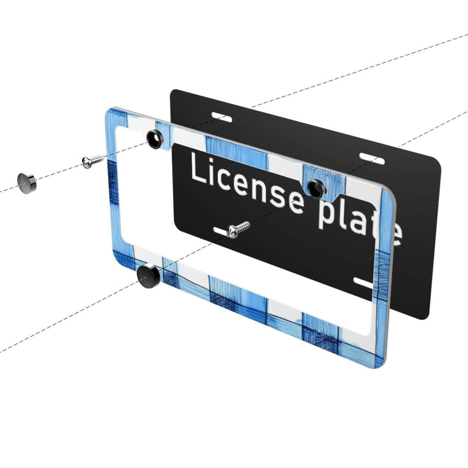 License Plate Frame With Screw Caps 2 Pack Car Plate Frame Front And Rear Rust-Proof Universal Car Tag Holder Cornflowerblue Checked Hand-Drawn Sketch_1
