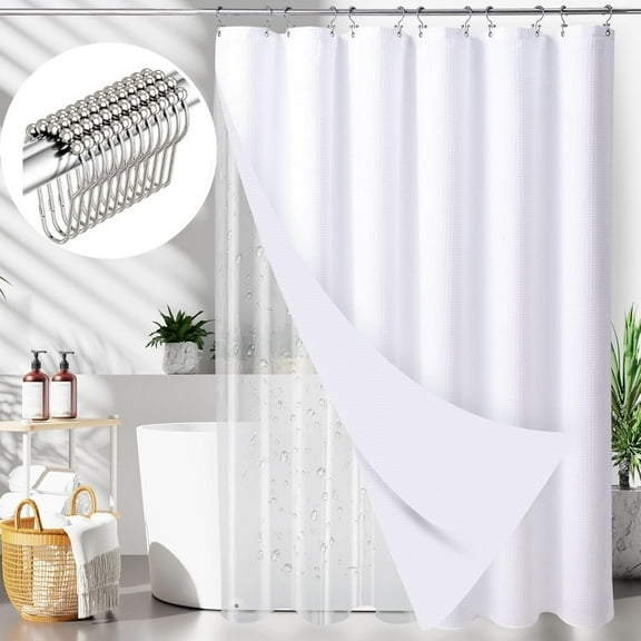 Zrodlmo Waffle Fabric Shower Curtain and Liners Sets with Hooks, Mildew-Resistant Thick Bathroom Curtain Set, 72" x 72", White