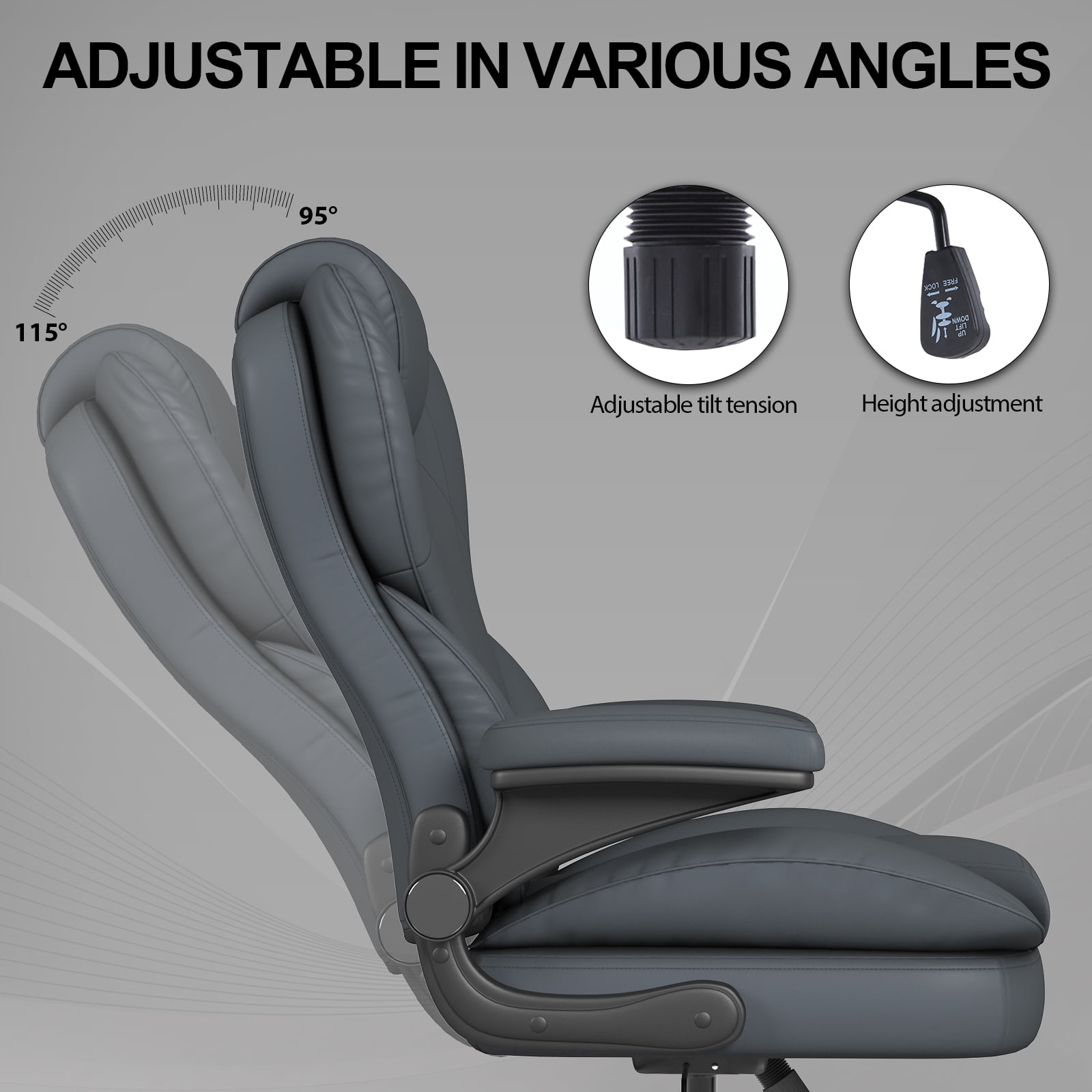 Hovos Big and Tall Office Chair with Flip-up Arms, Ergonomic Home Computer Desk Leather Chair, 360° Swivel Computer Desk Chair, Quiet Nylon Wheels, Gray