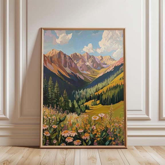 Mountains And Wildflowers Landscape Art Print, Warm Tones, Green Nature, Blue Sky, Daisy Flowers, Art, Wall Art, Modern Wall Decor, 8x12 UNFRAMED