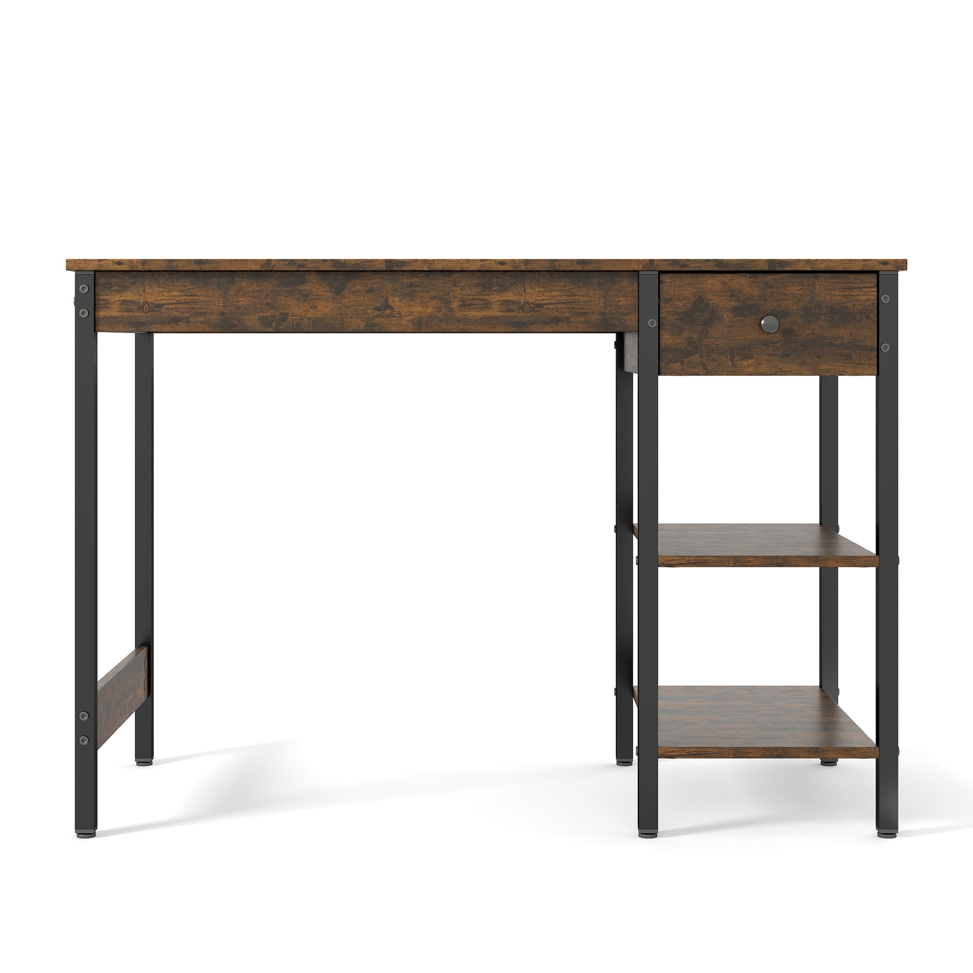 Manxile Computer Desk with Drawer & Open Shelves, Home Office Writing Desk Work Study Table for Small Space, Rustic Brown