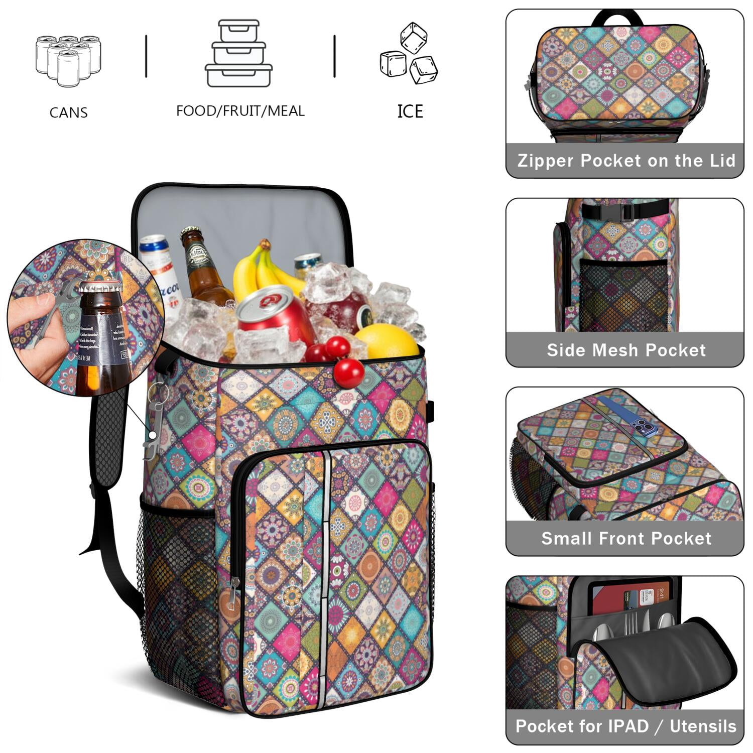 Travel Cooler Bag - Boho Bohemia Flower Camping Beer Cooler Backpack with Bottle Opener- Waterproof Insulated Picnic Backpacks - Cooler Bag for Beach