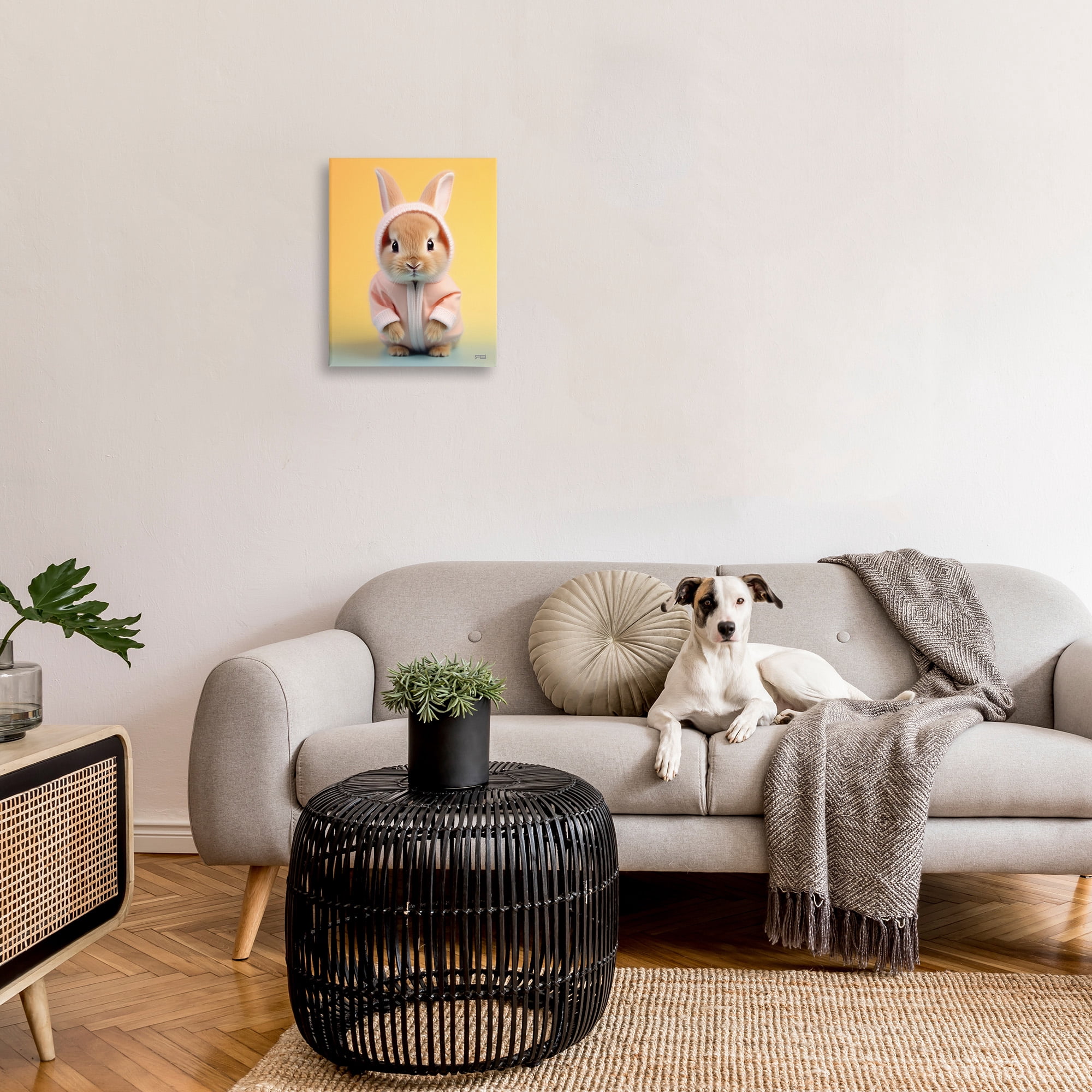Stupell Industries Cozy Bunny on Yellow Animals & Insects Painting Gallery Wrapped Canvas Art Print Wall Art, 16 x 20