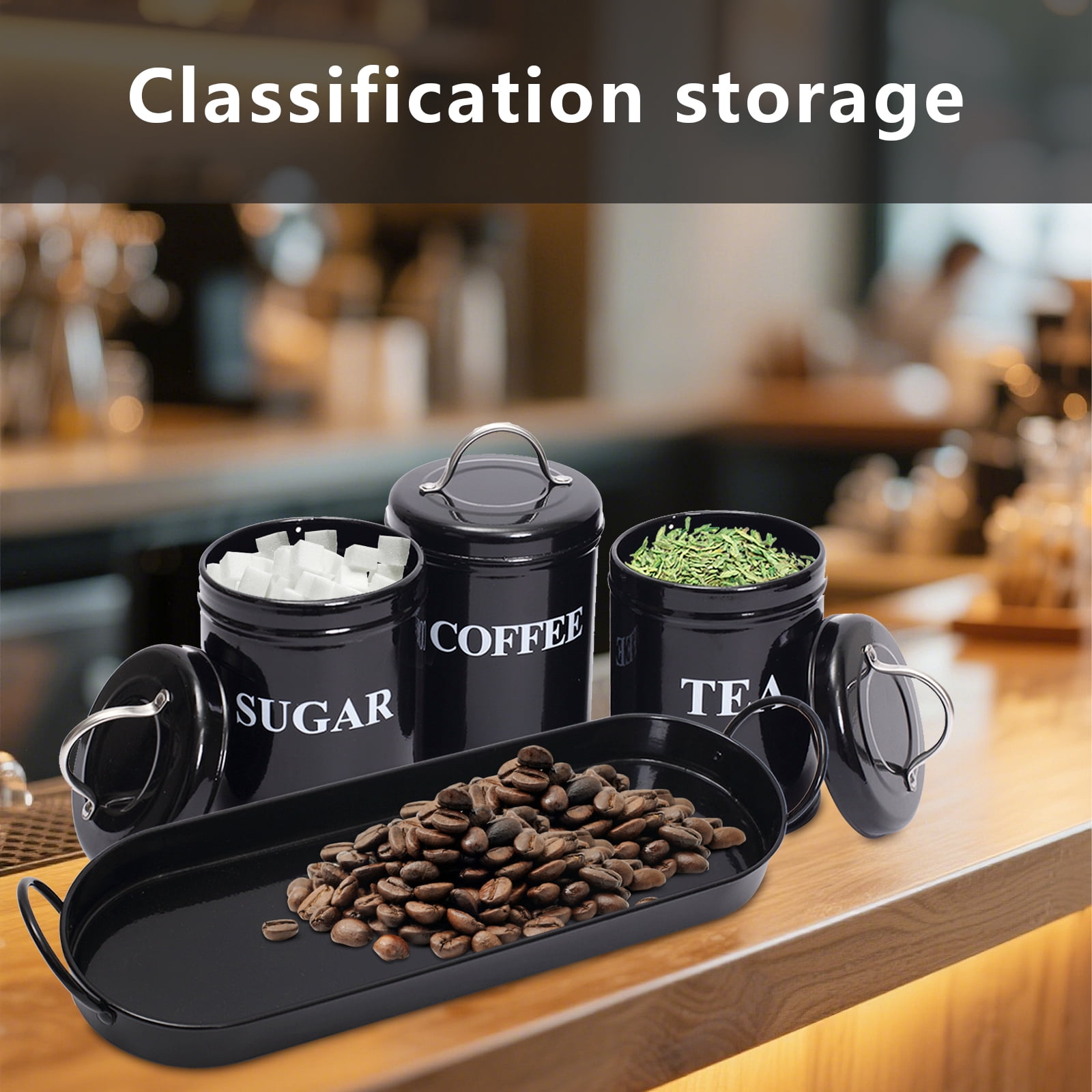 Pethiy Coffee Container Set, 3Pcs Black Metal Airtight Canisters with Lids & Serving Tray, Sealed Storage Jars for Coffee, Tea & Sugar, Kitchen Countertop Organization
