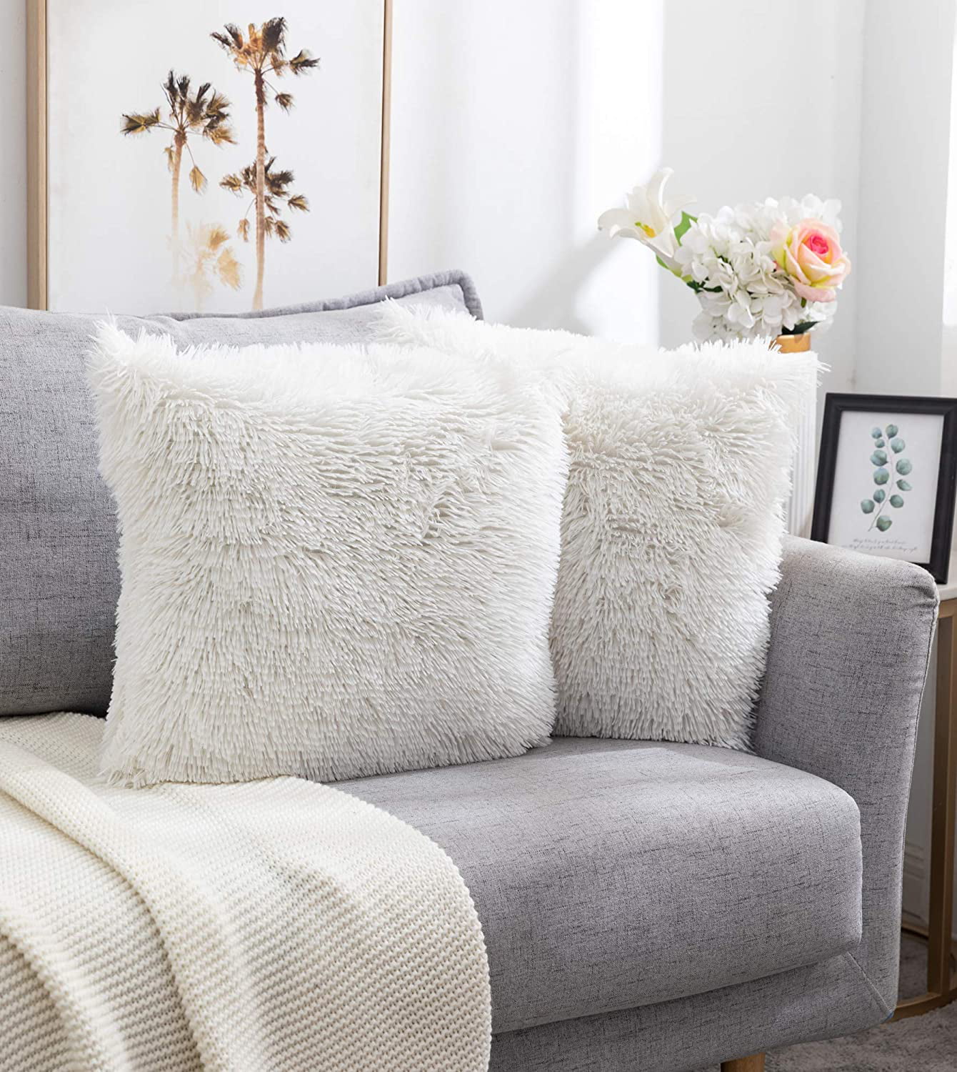 Peshtemania White Fluffy Pillows (2packs 20x20) Cute Faux Fur Pillow Case  Decorative for Couch Sofa Fuzzy Throw Pillows Covers for Bedroom Living