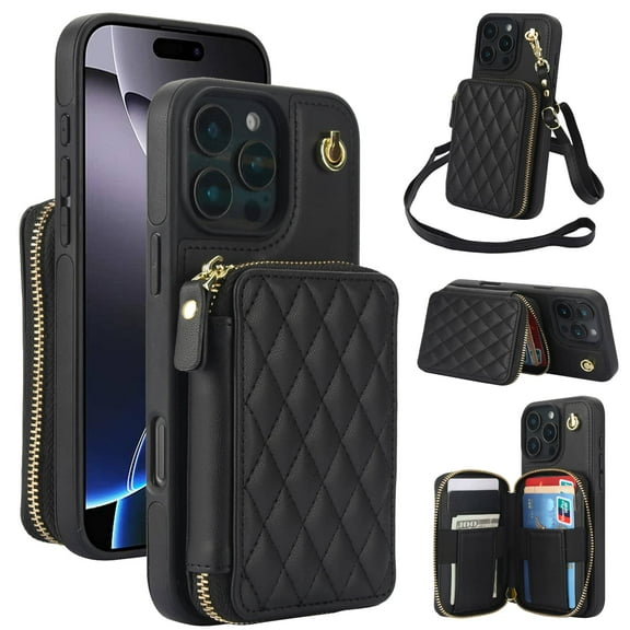 Crossbody Wallet Case for iPhone 16 Pro Max, RFID Blocking Zipper Handbag Purse Flip Cover, Kickstand Folio Case Card Slots Holder Wrist Strap Lanyard