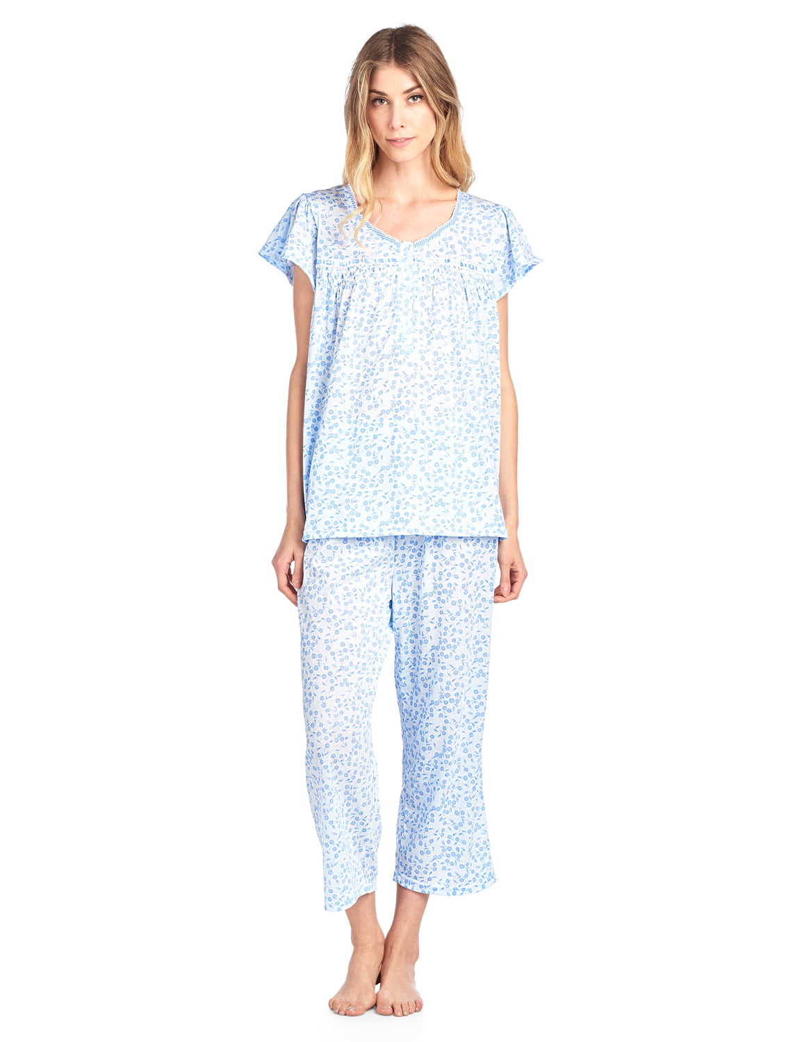 Casual Nights Women's Short Sleeve Smocked Floral Capri Pajama Set ...