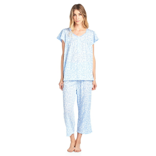 Casual Nights Women's Short Sleeve Smocked Floral Capri Pajama Set ...