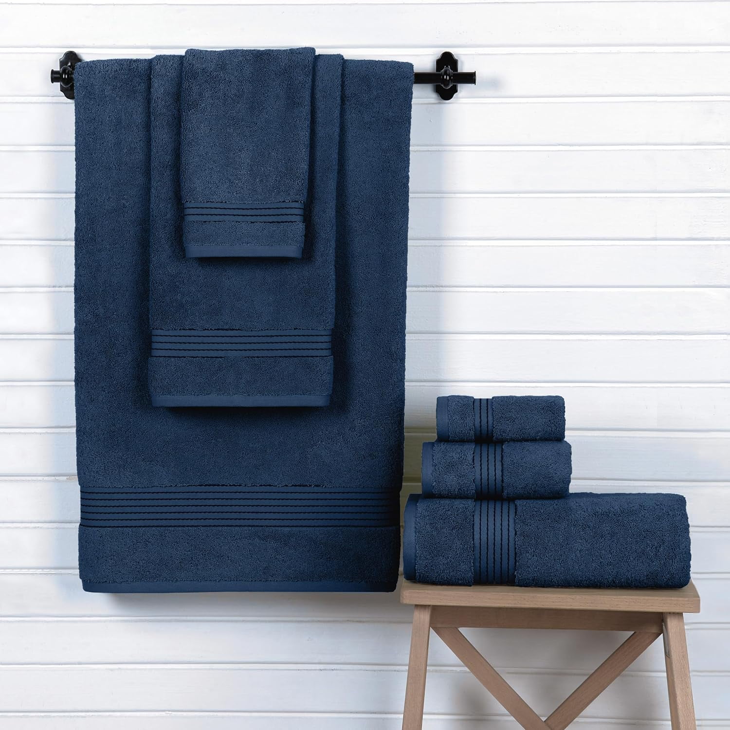 6-Piece Cotton Towel Set, Includes 2 Bath Towels, 2 Hand Towels, and 2 Washcloths, Highly Absorbent, Navy