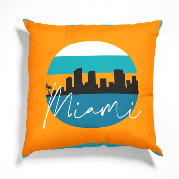 Miami Skyline Pillow - Double Sided Square Pillow - Aqua Orange Colorway