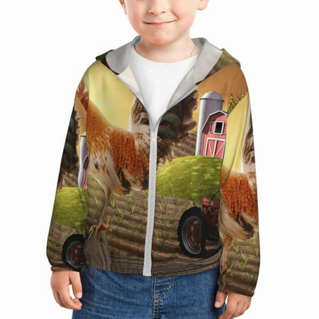 

Gaeub Country Farm Morning Rooster Print Athletic Sun Protection Hoodie for Kids Long Sleeve Outdoor UV Shirt Running Fishing Top for Boys Girls-5 Years