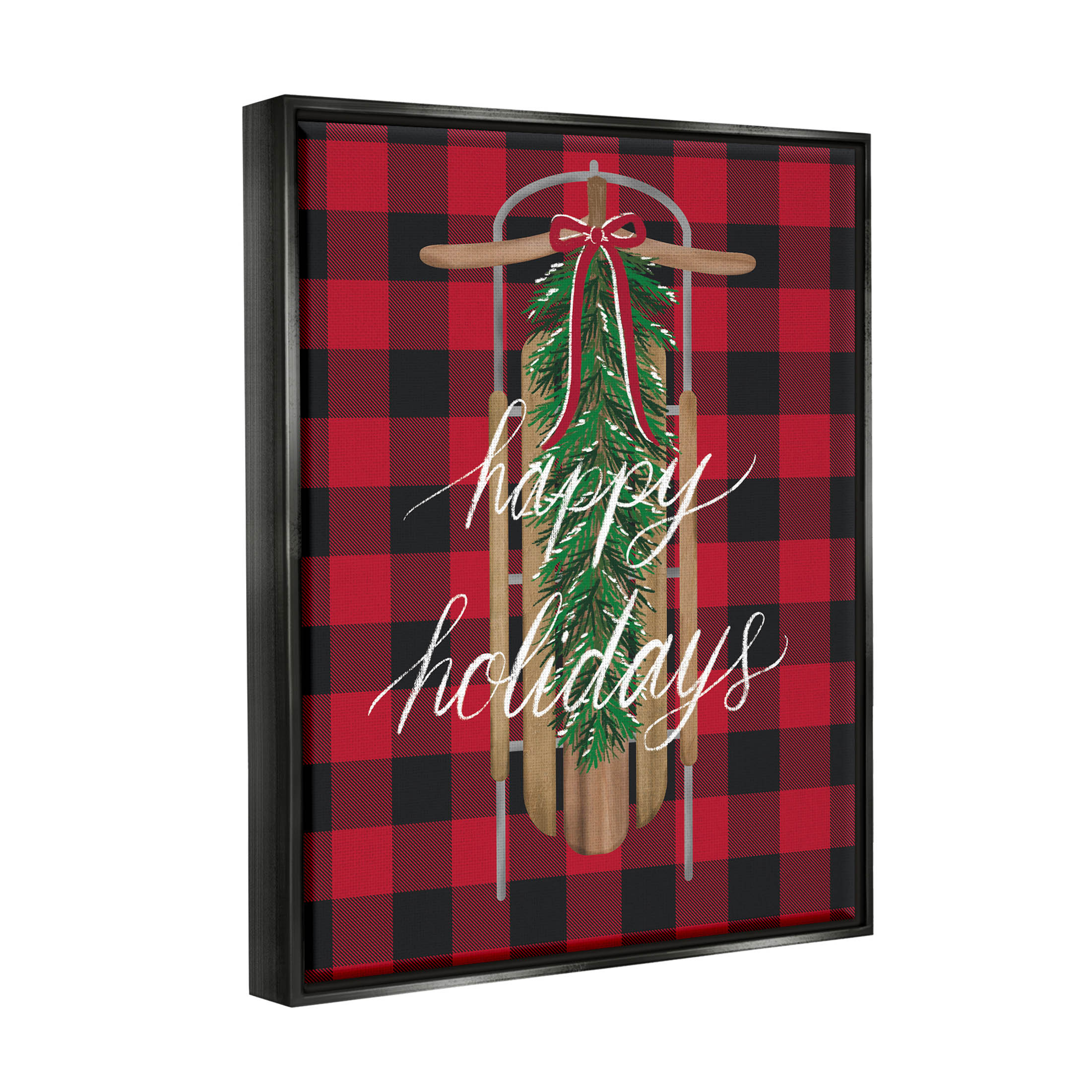 Stupell Industries Happy Holidays Tartan Sled Graphic Art Jet Black Floating Framed Canvas Print Wall Art, Design by Amanda McGee