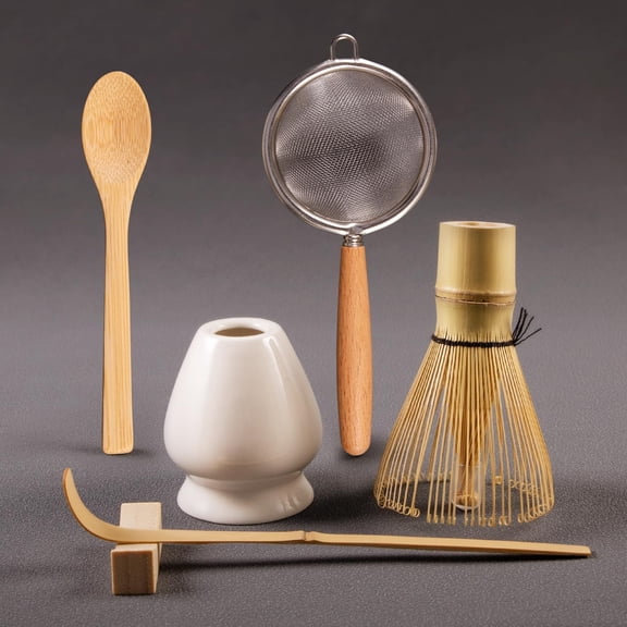 Matcha Whisk Set with Bamboo Chasen, Tea Spoon, Sifter, Scoop and Holder, 6-Piece Ceramic Accessories for Japanese Tea Ceremony, beige