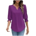 thumbnail image 6 of ClodeEU Women 3/4 Length Sleeve Blouses,Casual V Neck Shirts,Womens Tops with Smocked Cuffs Purple,Womens Plus XL, 6 of 7