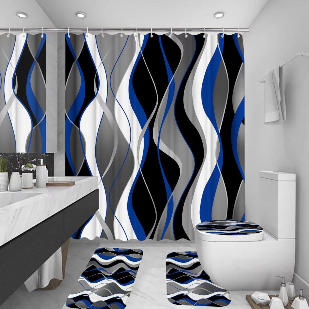 4Pcs Blue Shower Curtain Sets with NonSlip Rugs, Toilet Lid Cover and