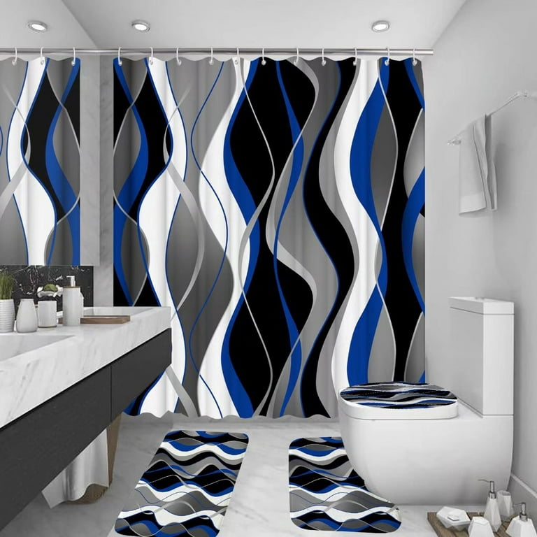 4Pcs Blue Shower Curtain Sets with Non-Slip Rugs, Toilet Lid Cover and Bath  Mat, Black and Gray Bathroom Decor Set Accessories Fabric Waterproof