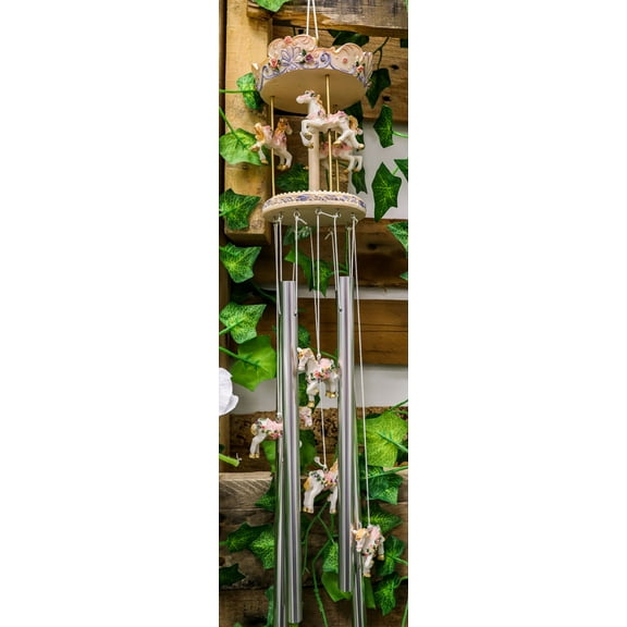 Pink Carnival Canopy Pony Horses Carousel Figurine Crown Top Resonant Wind Chime