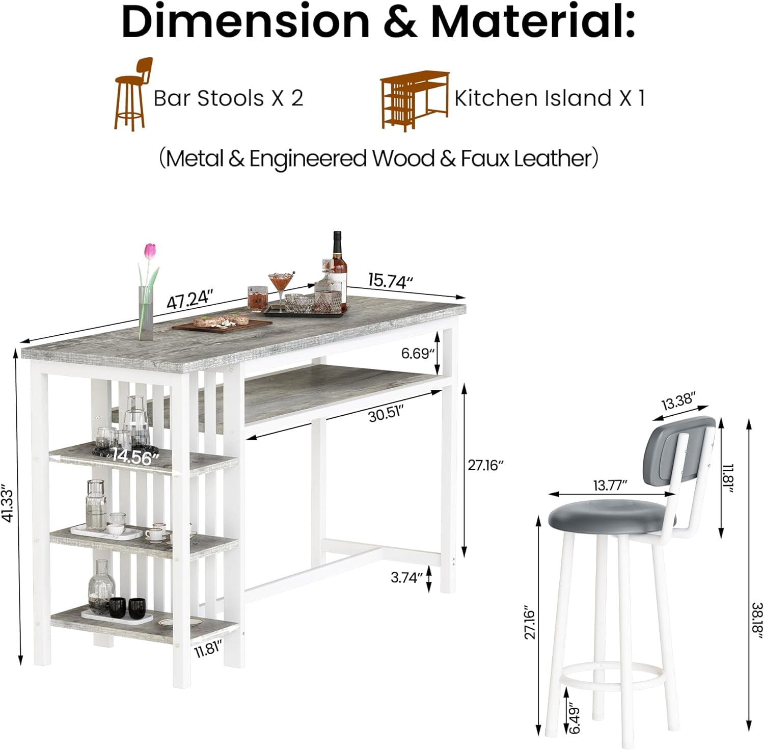 LinkRomat Bar Table and Chairs Set for 2, Marble Kitchen Island Table with 2 PU Bar Stools, Tall Kitchen Table and Chairs with Storage for Small Spaces, Home & Apartment, Gray