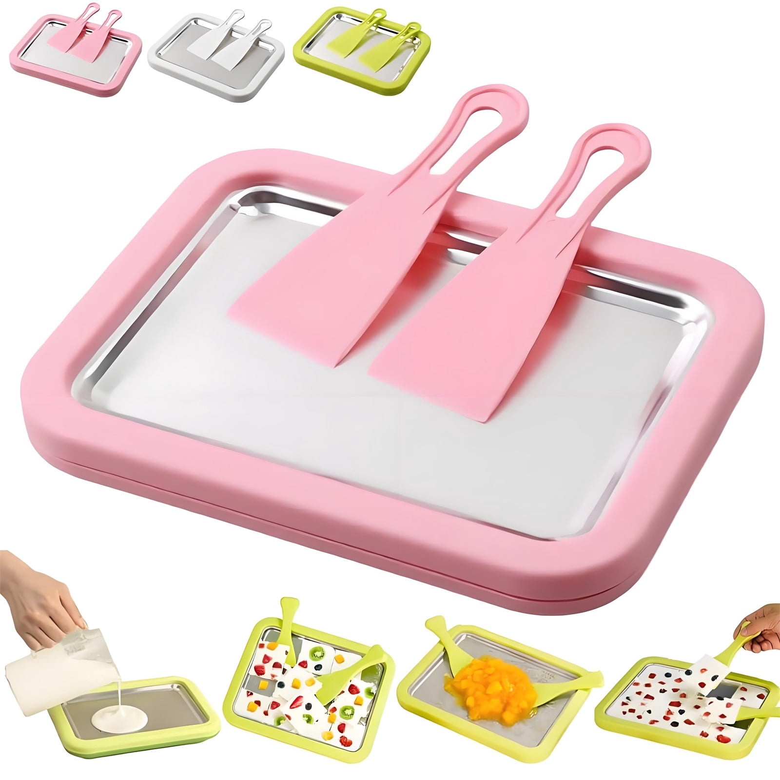 Rolled Ice Cream Maker Kit – Instant DIY Ice Cream Tray with 2 Scrapers, Stainless Steel Homemade Rolling Ice Cream Pan, No Electricity Needed, Family Fun Gift
